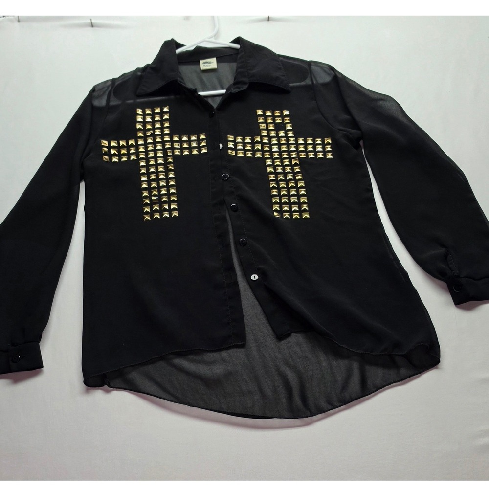 Black Sheer Chiffon Gold Studded Cross Button Down Blouse High Low Hem Top